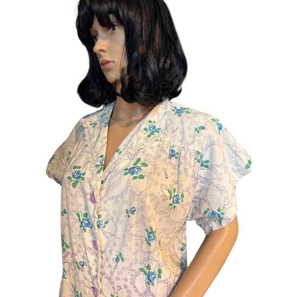 1950s Handmade Floral Day Dress Blue Rose Eyelet Trim Medium - Picture 2 of 16